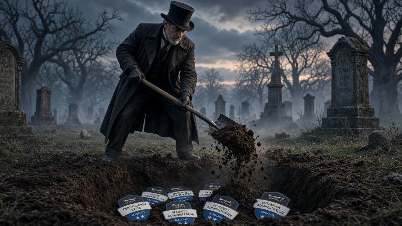 Ilustración editorial de un enterrador cubriendo insignias de certificaciones Microsoft en un cementerio